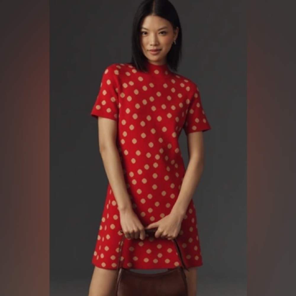 Anthropologie The Nina Short-Sleeve Mock-Neck Mini Dress Red Polka Dot Size XSP